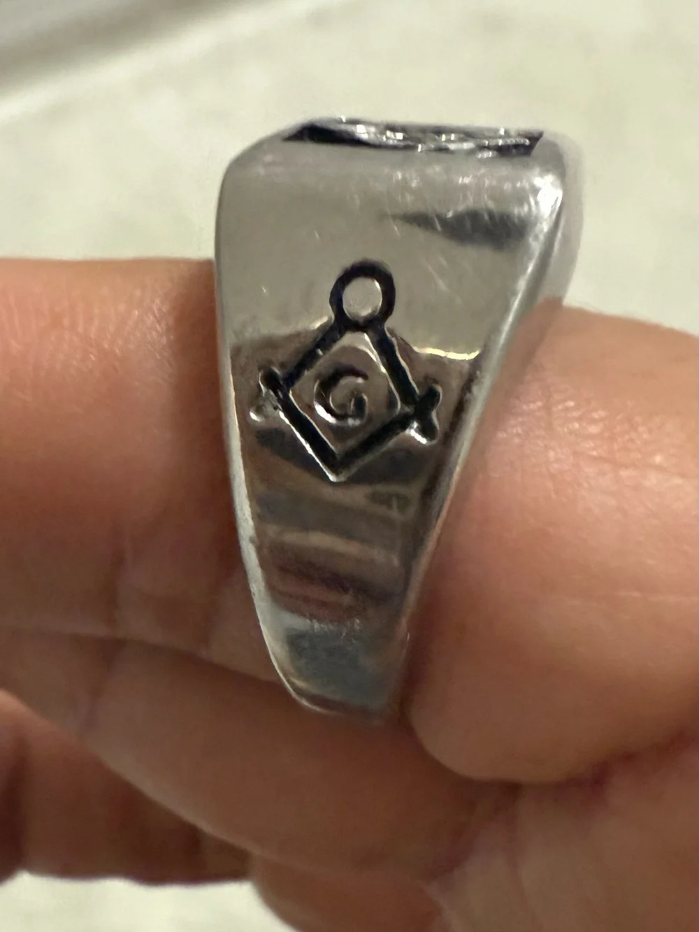 Sterling Silver Masonic Square & Compass Signet Ring - Black Accented